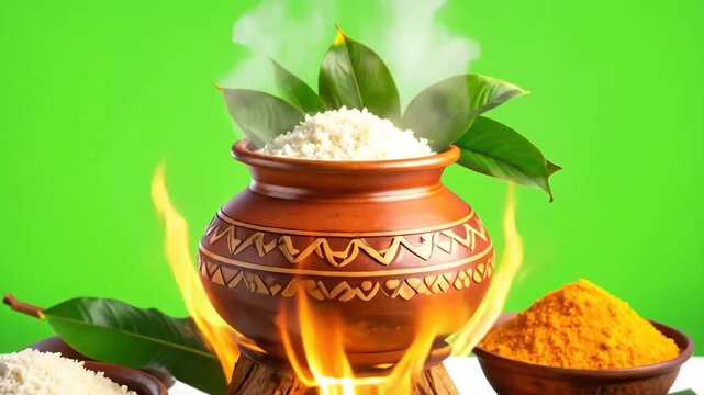 Traditional Pongal festival celebration with rice pot, spices, and fire against green background.