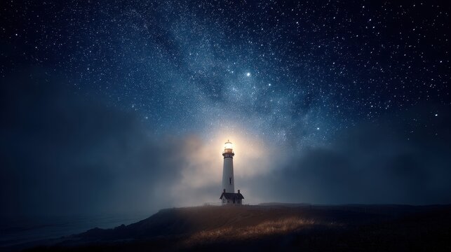 Bright lighthouse illuminated under a starry night sky by the ocean