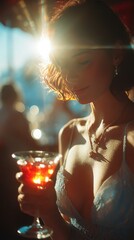 Sunlit Elegance: Woman Enjoys Cocktail at Sunset in Glamorous Setting