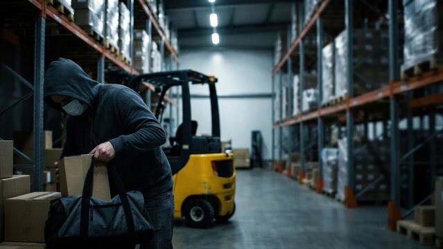 Man in hoodie and mask steals box from warehouse, concept of theft during crisis, crime in a storage facility.
