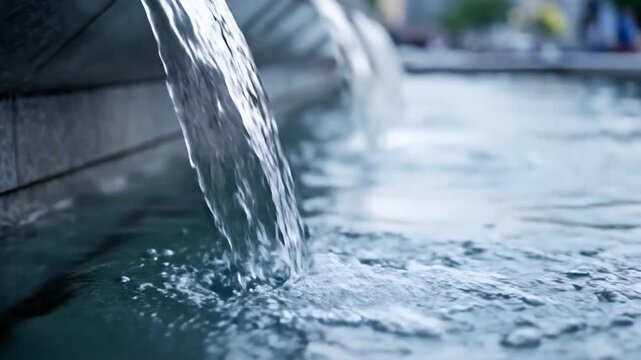 Close up of water flowing from a fountain into a pool.