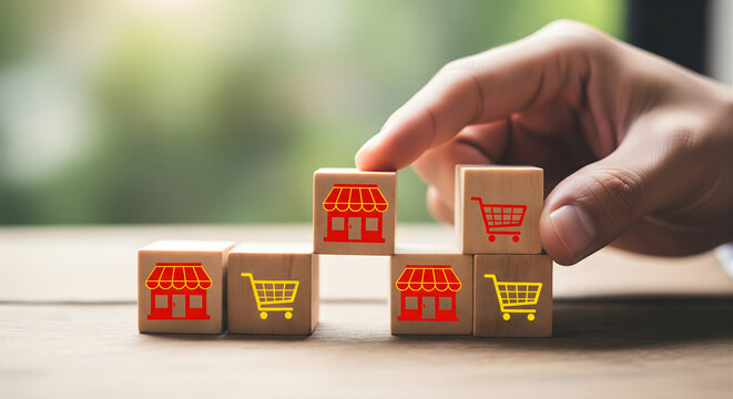 A hand placing wooden block with store icon on top of other blocks creating pyramid structure symbolizing retail business expansion strategy omni channel network development market growth concept