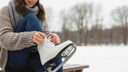 Woman tying ice skates in cozy winter attire on snowy outdoor rink. Woman tying ice skates with white laces firmly secured, preparing for leisurely skate.