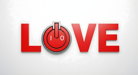 Creative 3d love text design featuring power button symbol for letter o on white background representing technology of romance digital dating heart connection electronic passion and modern valentine