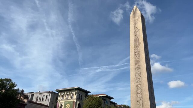 Obelisk of Theodosius (Turkish: Dikilitas) on Sultanahmet Hippodrome Square at the Eminonu District in Istanbul, Turkey. (4K video)