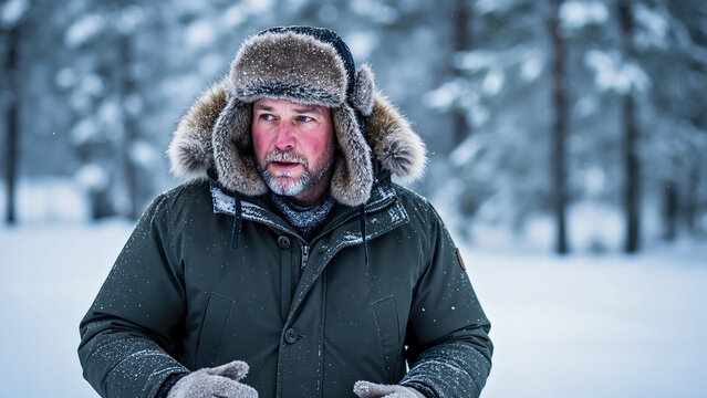 Man in trapper hat walking through pristine snowy forest during a cold winter day. Mature male in warm fur hat explores frozen wilderness, depicting rugged man in trapper hat experience.