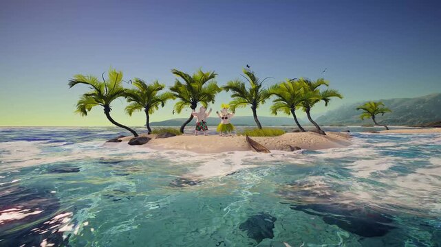 3D Animation of a Couple of Polar Bears Dancing on Tropical Beach, Romantic Travel Getaway with Exotic Island, Palm Trees, Ocean, Paradise Holiday, Ideal for Love, Honeymoon, and Valentine&rsquo;s Day.