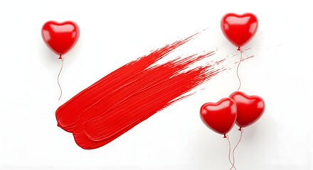 Red heart shaped balloons float above bold red paint brush stroke illustration on clean white background for romantic celebration design concept