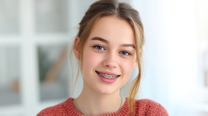 Fototapeta premium Smiling young caucasian female with braces in cozy sweater indoors