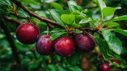 Obraz premium Ripe red plums hanging on tree branch with green leaves after rain