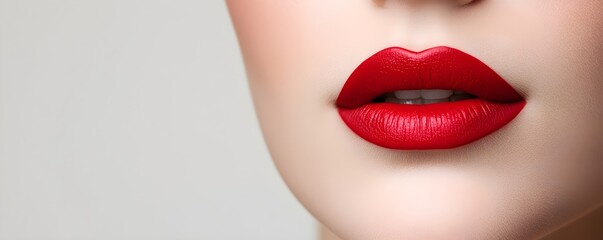 Fototapeta premium Woman with red lipstick. Beautiful full lips makeup. Cosmetic procedure, beauty salon, anti-aging, care concept. Female elegant look Banner with copy space