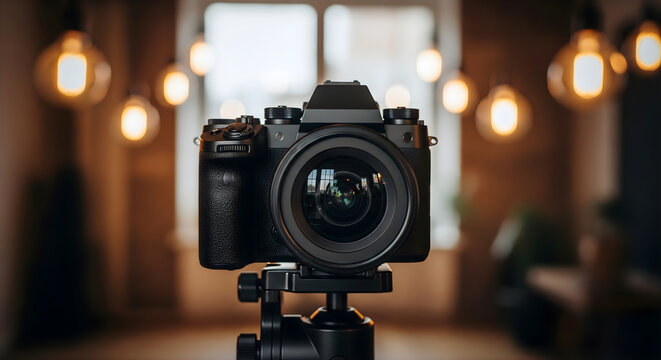 Professional digital camera on tripod in warmly lit studio with bokeh light bulbs, capturing the essence of creative content production and visual storytelling