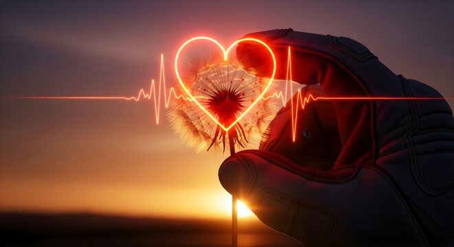 Hand in glove holding dandelion with glowing heart outline and heartbeat line during sunset representing life and fragile nature conceptual imagery of healthcare and ecological protection themes - Powered by Adobe