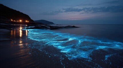Bioluminescent waves on tranquil beach at night