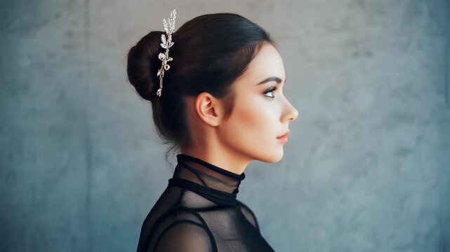 Elegant young caucasian woman with a beautiful updo hairstyle and bridal accessory. Side profile portrait for beauty and fashion concepts on a wide panoramic banner