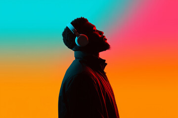 Silhouetted young man listening to music profile portrait wearing headphones against vibrant colorful gradient background.
