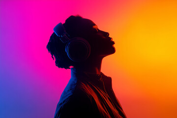 Silhouetted young woman listening to music profile portrait wearing headphones against vibrant colorful gradient background.