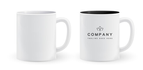 Realistic white mug mockup with logo placement. Cup design for branding, corporate identity, promotional merch