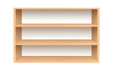 Realistic wooden shelving with natural texture isolated on white background for interior mockup, storage, product display. Vector illustration