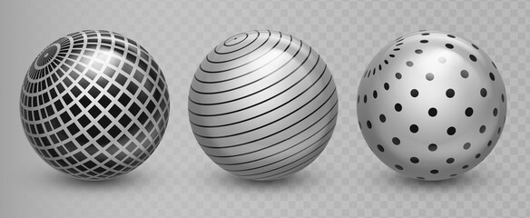 Abstract silver ball set with decorative pattern. Metallic sphere collection, 3d circle shapes, holiday decorative design elements