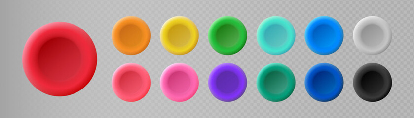 Realistic 3D colorful round button set on transparent background for web and mobile interface design, badge, pin. Vector emblems