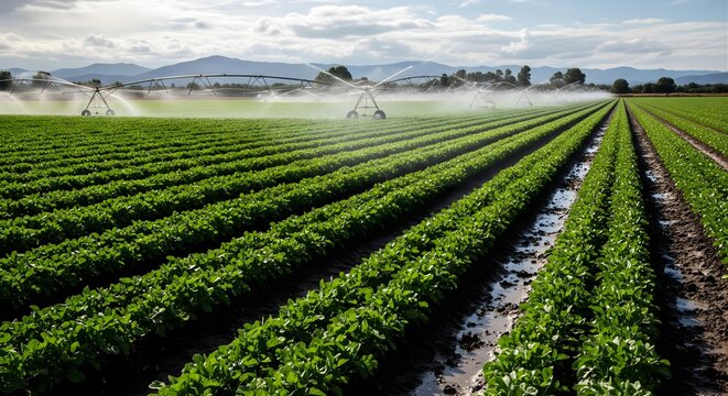 Wide angle view of lush green crop rows in fertile farm field under circular pivot irrigation system spraying water across vast agricultural landscape with distant mountains under blue cloudy sky