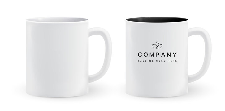 Realistic white mug mockup with logo placement. Cup design for branding, corporate identity, promotional merch