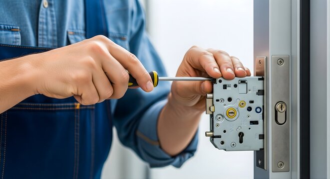 Professional locksmith carefully installing or repairing a door lock mechanism with a screwdriver, ensuring home security and proper function of the entry system