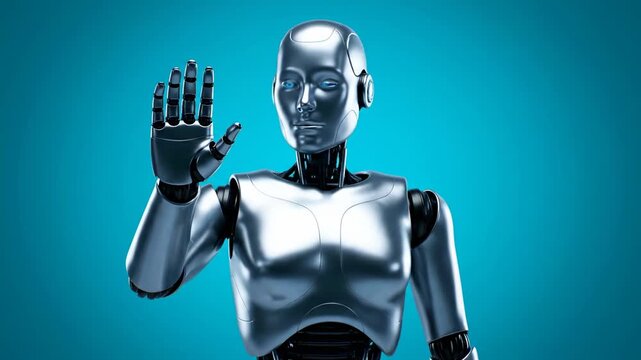 Metallic humanoid robot with glowing blue eyes raising hand in greeting on teal background, futuristic android artificial intelligence
