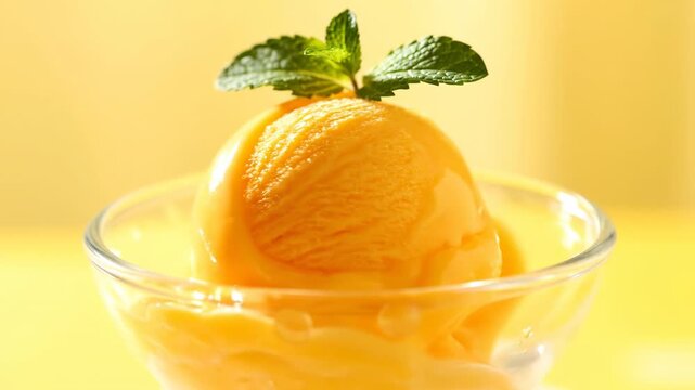 Refreshing scoop of orange sorbet in glass dish, garnished with fresh mint sprig, summer dessert on yellow background.