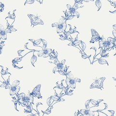 Toile art Floral vector vintage seamless pattern vine Clematis flowers and butterflies, blue beige. Hand drawn background for design packaging, textile, wallpaper, Fashion apparel, wedding, holiday © Olha