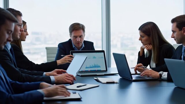 Business professionals collaborating at a conference table, discussing financial data and charts on laptop screens, showcasing teamwork and strategic planning in a modern office environment