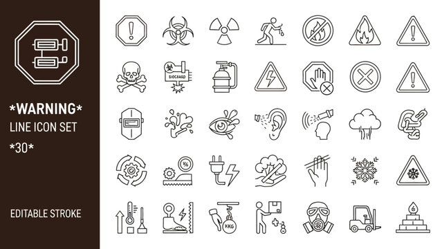 Warning line icons set displayed on white background, including signs and symbols for various hazards and alerts