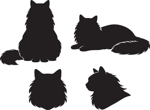 Majestic Long-Haired Cat Silhouettes Vector Set: Four Different Poses Including Sitting, Lying Down, Head Profile, and Front View. Ideal for Pet Logos and Decals.