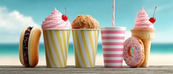 Colorful Summer Sweets with Ice Cream and Refreshing Drinks by the Beach