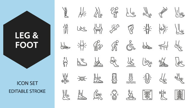 Collection of leg and foot icons in various poses and actions displayed on a clean white background with editable stroke