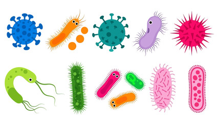 Collection of colorful microorganisms and bacteria in various shapes and sizes