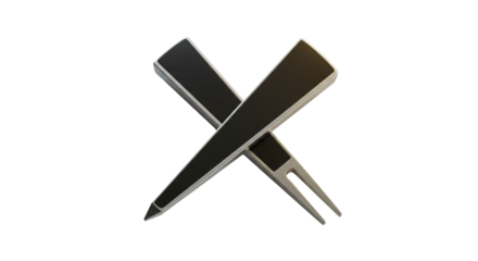 Pencil and fork crossed utensils icon for food and stationery, minimalist vector symbol isolated on transparent background.