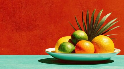 Vibrant Citrus and Pineapple Arrangement Against Red Background