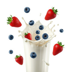 A glass of milk with strawberries and blueberries splashing on transparent background
