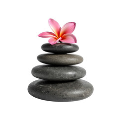 A serene stack of stones with a pink flower on top on transparent background