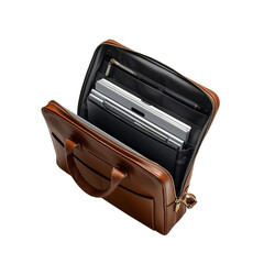 A brown leather briefcase with laptop and documents on transparent background