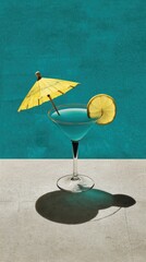 Refreshing Blue Cocktail by Poolside with Lemon Slice and Umbrella for Summer Vibes