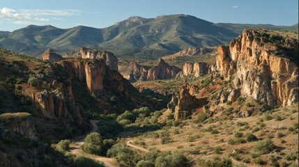 Naklejka premium Stunning view of a valley surrounded by rocky cliffs and green vegetation under bright sunlight.