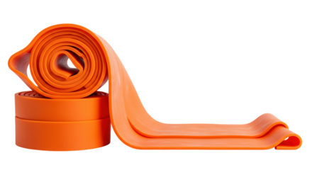 Orange resistance band roll for exercise and fitness, isolated on transparent background.