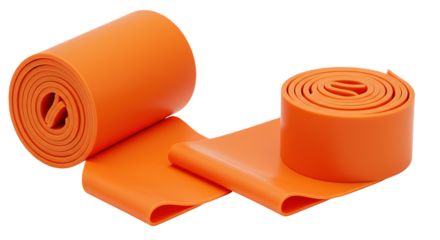 Orange resistance band for fitness and exercise, rolled up isolated on transparent background.