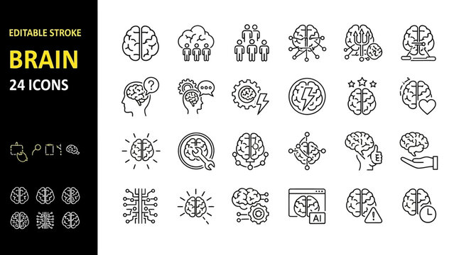 Collection of brain icons in various styles and sizes on a clean white background