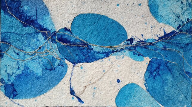 Bold blue splashes and delicate threads create an engaging abstract design on textured paper.