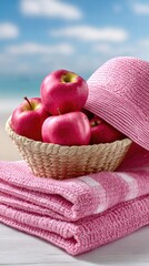 Pink Apples and Accessories on Beach: A Vibrant Summer Still Life with Fruits and Fashion