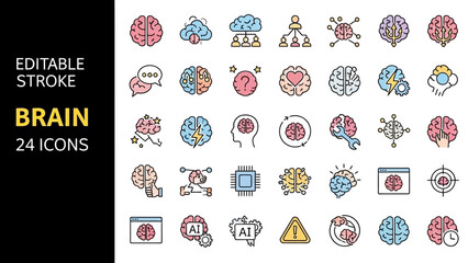 Collection of 24 Editable Brain Icons in Various Colors and Styles on White Background Representing Science and Technology